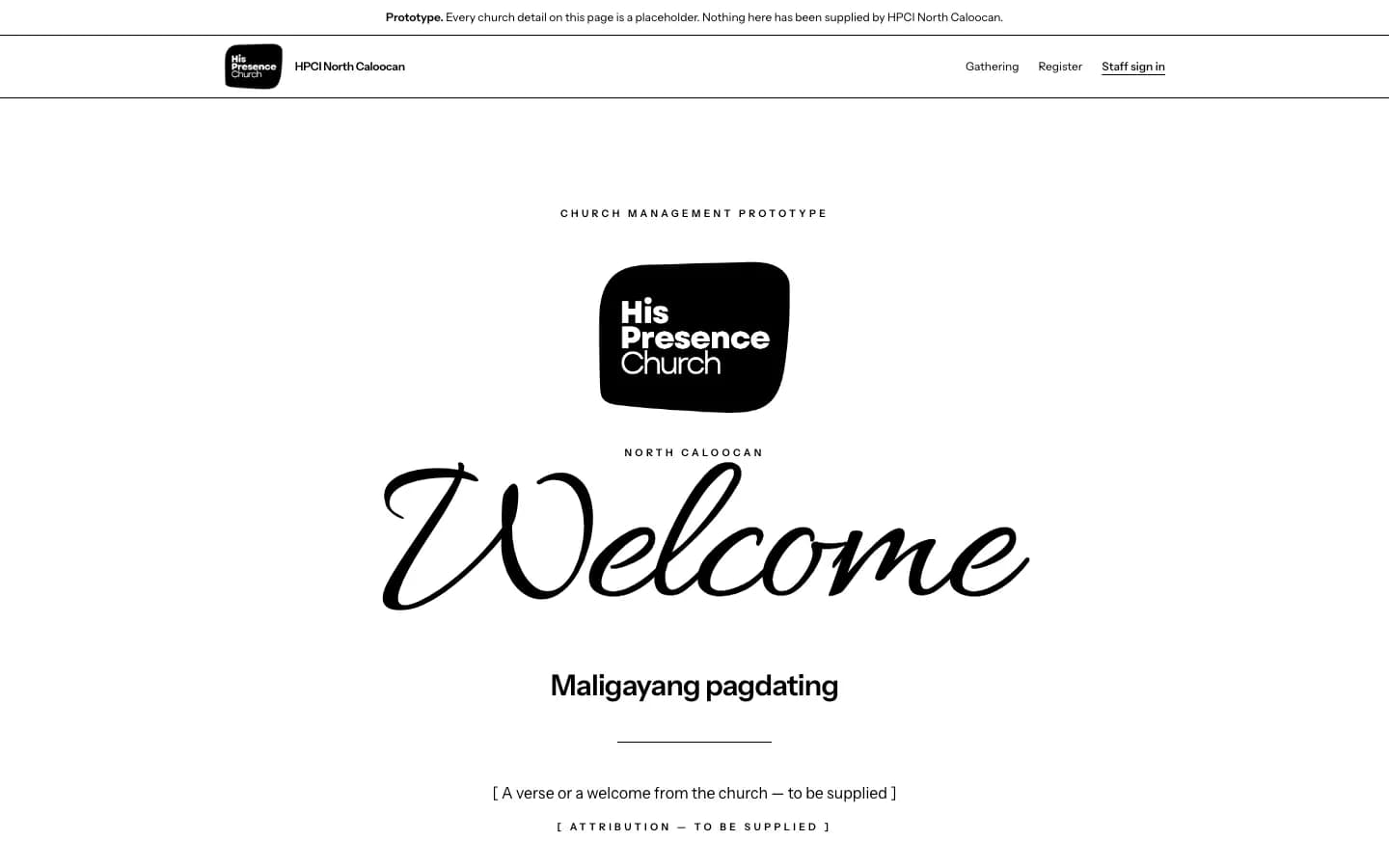 The HPCI North Caloocan welcome page: the His Presence Church mark above a script Welcome heading and a Filipino greeting.