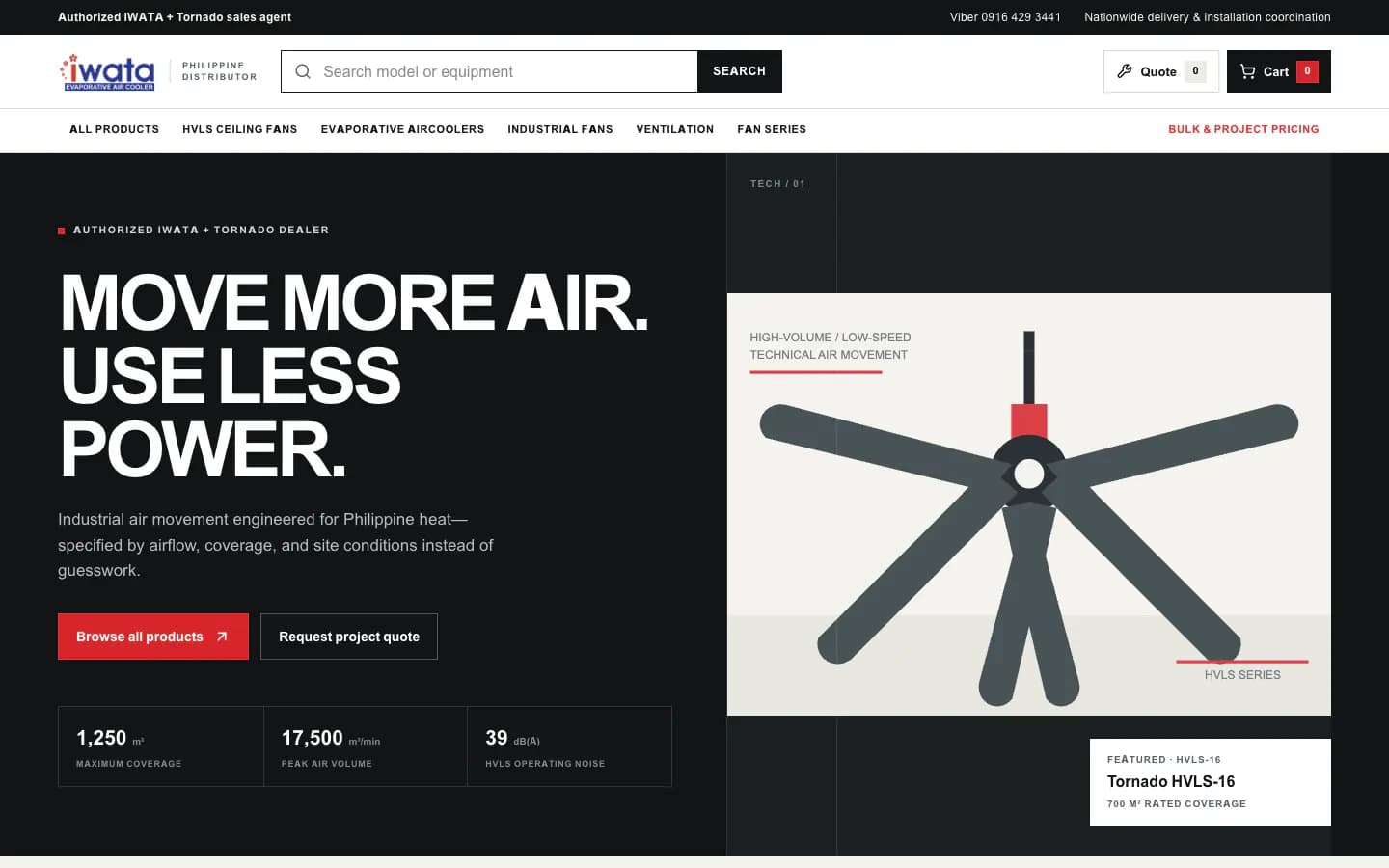 The IWATA storefront: a black hero reading Move more air, use less power, above coverage and airflow figures and a product search bar.