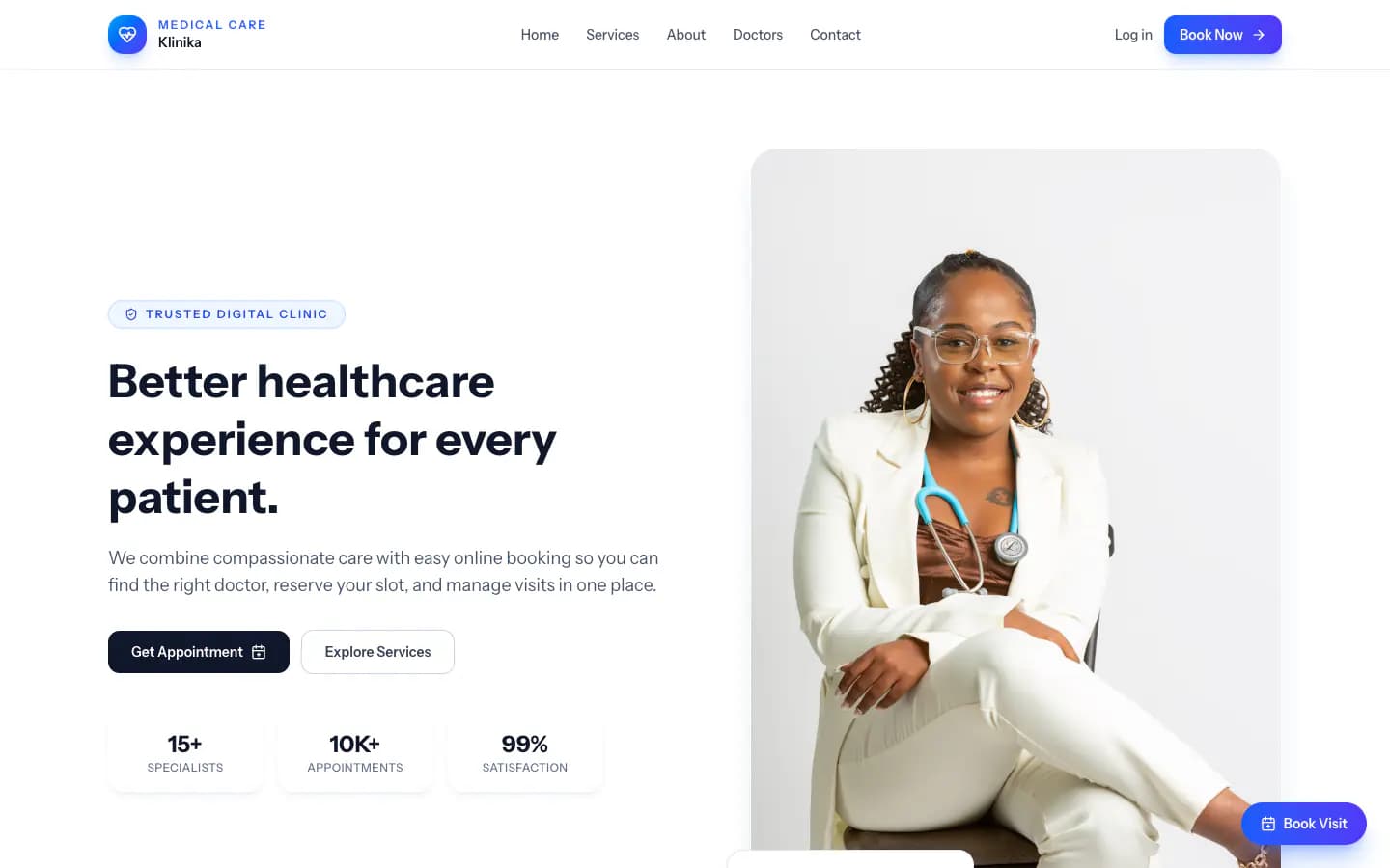 The Klinika home page: a headline reading Better healthcare experience for every patient, a booking call to action, and a photograph of a clinician.