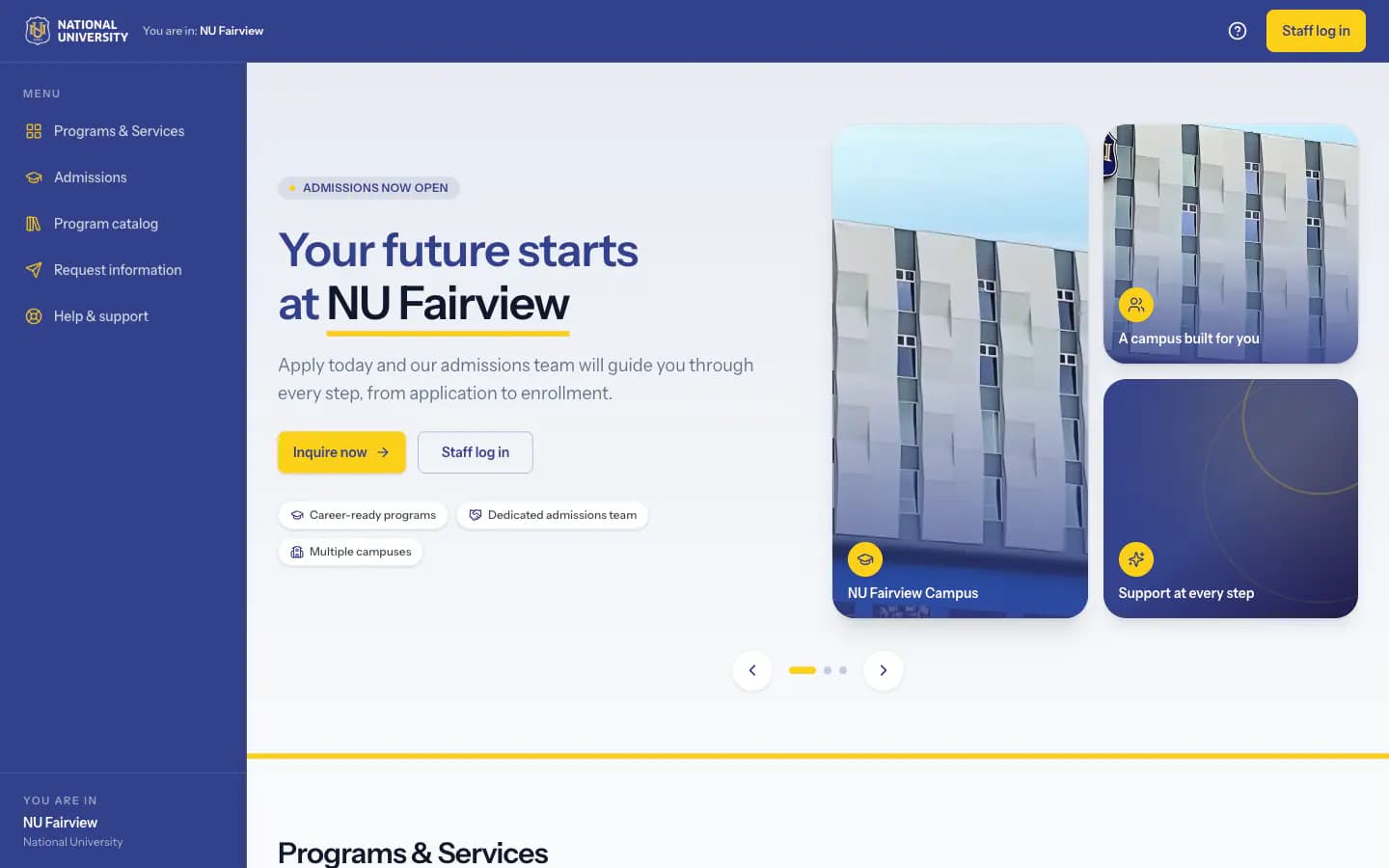 The NU Fairview portal: a navy sidebar of admissions and programme links beside a campus hero panel with an enquiry call to action.